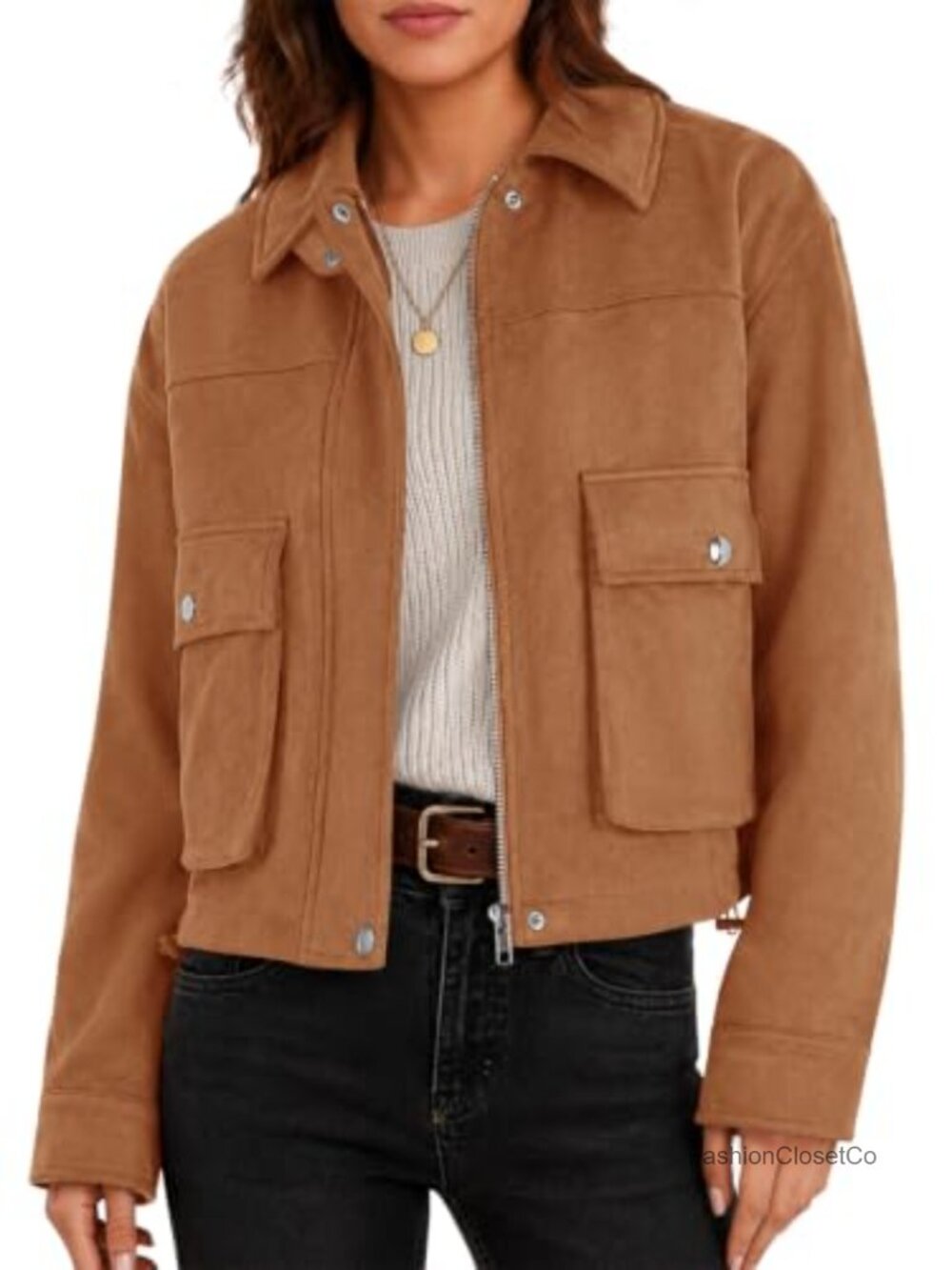 Womens Faux Suede Bomber Jacket Cropped Zip Up Casual Coat